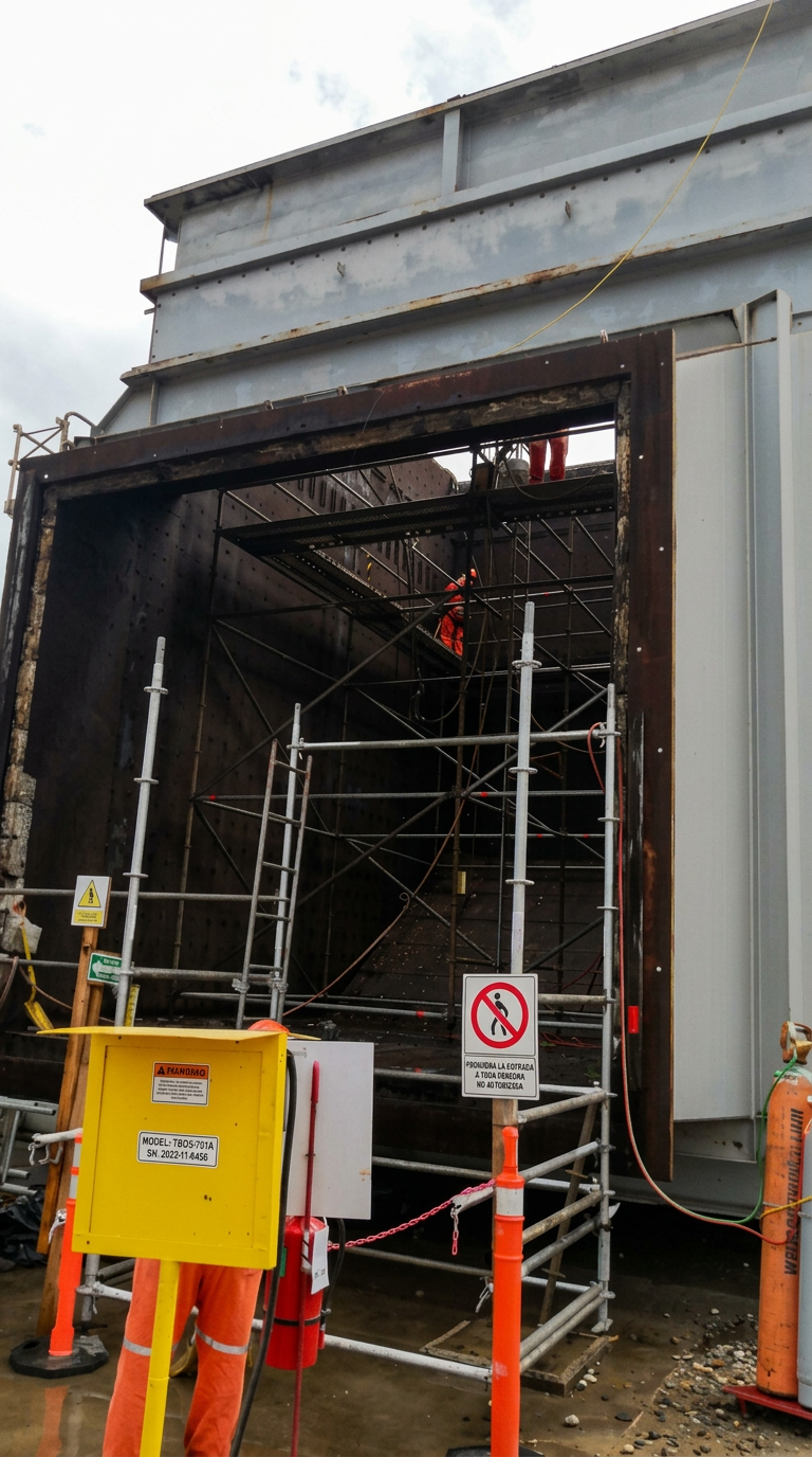 Intervención con andamios en acceso de un ducto o envolvente industrial