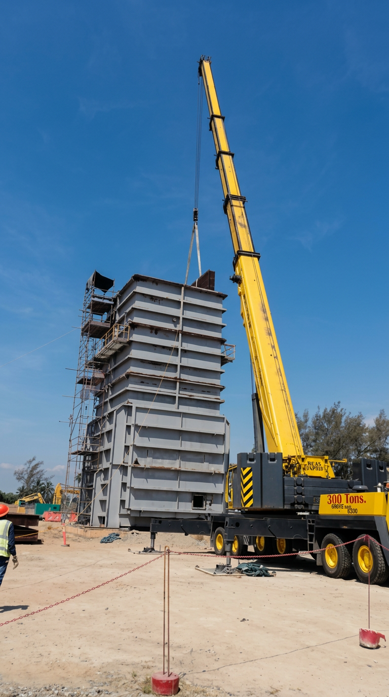 Montaje de componente metálico de gran escala mediante grúa de 300 toneladas